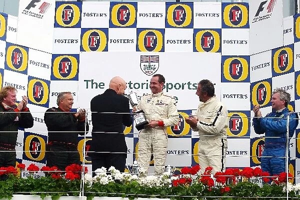 Historic Sportscar Challenge: The podium: Julain Bronson, second; Peter Hardman, winner; Nick Linney, third