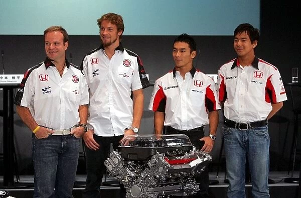 Honda F1 Racing Press Conference: L-R: Rubens Barrichello Honda Racing; Jenson Button Honda Racing; Takuma Sato Super Aguri F1; Sakon Yamamoto