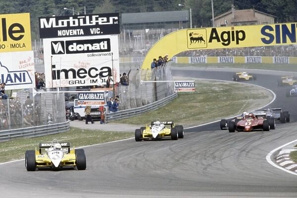 Imola, Italy. 23-25 April 1982: Rene Arnoux leads Alain Prost, Gilles Villeneuve, Didier Pironi, Michele Alboreto, Jean-Pierre Jarier, Eliseo Salazar