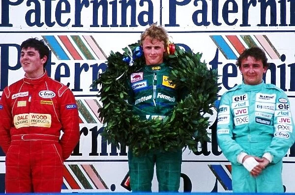 International Formula 3000 Championship: The podium: Mark Blundell Lola, second; Johnny Herbert Eddie Jordan Racing, winner; Michel Trolle GBDA