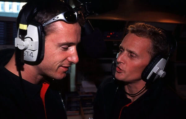 Jaguar at Capital FM. London, England. 19th April 2000. Johnny Herbert and Eddie Irvine visit the set of Radio station Capital FM, to promote Jaguars first British Grand Prix
