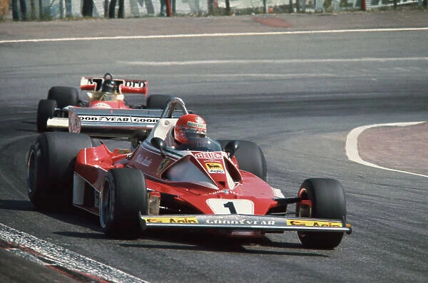 Jarama, Spain. 2nd May 1976. Niki Lauda (Ferrari 312T2), 2nd position leads James Hunt (McLaren M23-Ford), 1st position, action. World Copyright: LAT Photographic. Ref: 76 ESP 36