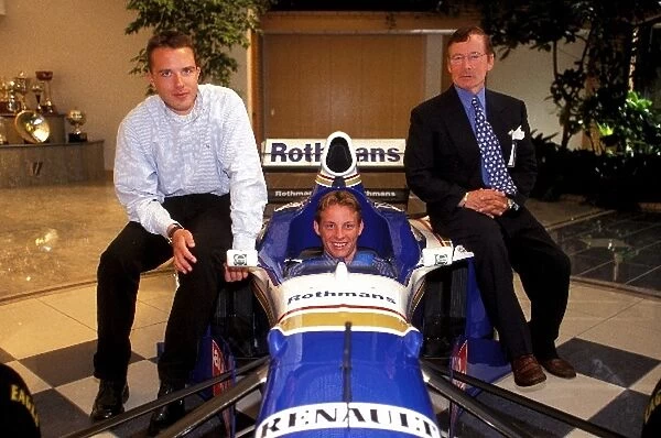 Jenson Button Visits Williams Factory: Jonathan Williams son of Frank Williams with Formula Ford driver Jenson Button and his Manager Dave Robertson