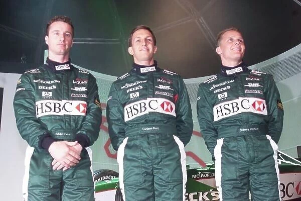 Johnny Herbert and Eddie Irvine and Luciano Burti Jaguar R1 Ford Launch, Lords, London 25 / 1 / 00 World LAT Photographic