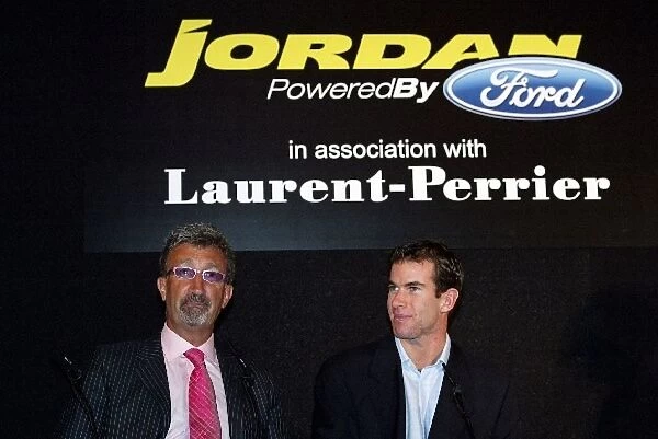 Jordan 200th GP Guest Evening: L-R; Team owner Eddie Jordan with Ralph Firman, Jordan Ford