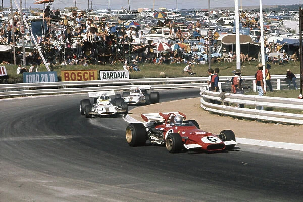 Kyalami, South Africa. 4-6th March 1971. Mario Andretti, Ferrari 312B, 1st position, leads Pedro Rodriguez, BRM P160, retired, and Jo Siffert, BRM P153, retired. Ref: 71SA17. World Copyright: LAT Photographic