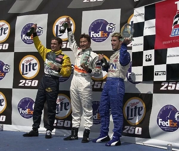 Lavin, Yasukawa, and Macri, (l to r), accept their trophies following the Toyota Atlantic race after the Miller Lite 250. The Milwaukee Mile, Milwaukee, Wi. 02