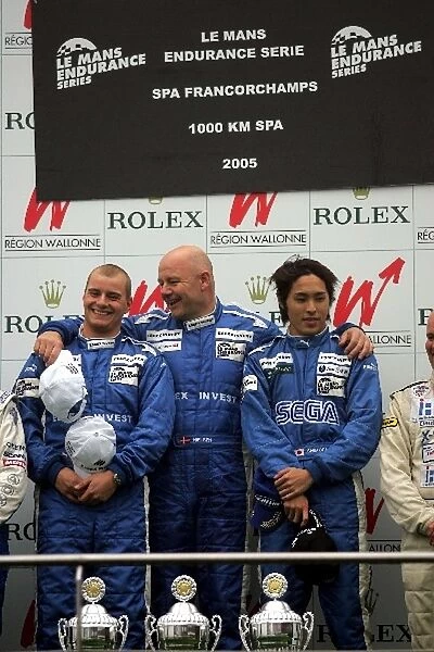 Le Mans Endurance Series: LMP1 winners on the podium L-R: Casper Elgard, John Nielsen, Hiyanari Shimoda Zytek Motorsport