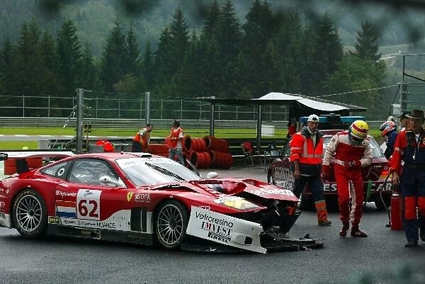 Le Mans Endurance series: Mike Hezemans Barron Connor Racing examines the damage to his Ferrari 575 GTC after the throttle stuck open at the Bus Stop