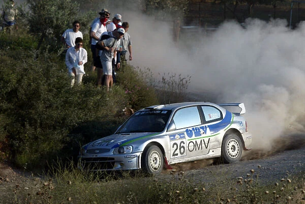 Manfred Stohl in action in the Hyundai Accent WRC, Acropolis Rally 2003