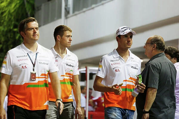 Marina Bay Circuit, Singapore. Friday 20th September 2013. Paul di Resta and Adrian Sutil, Force India with Team Manader Andy Stevenson in the paddock. World Copyright: Charles Coates / LAT Photographic. ref: Digital Image _N7T3012