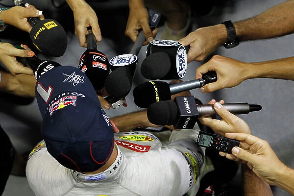 Marina Bay Circuit, Singapore. Friday 20th September 2013. Sebastian Vettel, Red Bull Racing talks to the media. World Copyright: Jed Leicester / LAT Photographic. ref: Digital Image _JED2002