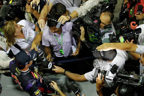 Marina Bay Circuit, Singapore. Friday 20th September 2013. Mark Webber, Red Bull Racing talks to the media. World Copyright: Jed Leicester / LAT Photographic. ref: Digital Image _JED1953