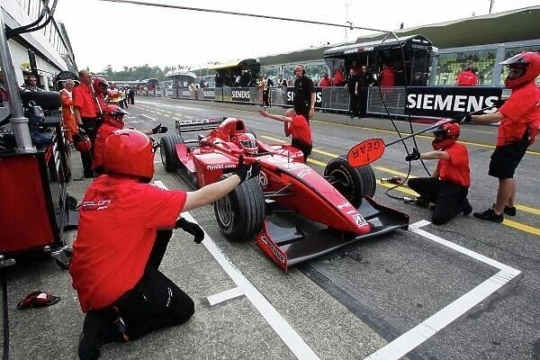 GP2. Mathias Lauda (AUT) Coloni makes a pit stop.