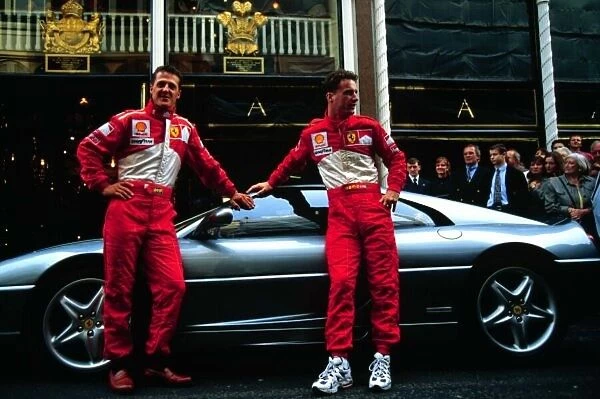 Michael Schumacher and Eddie Irvine unveil 2 unique Ferraris outside Aspreys of Bond