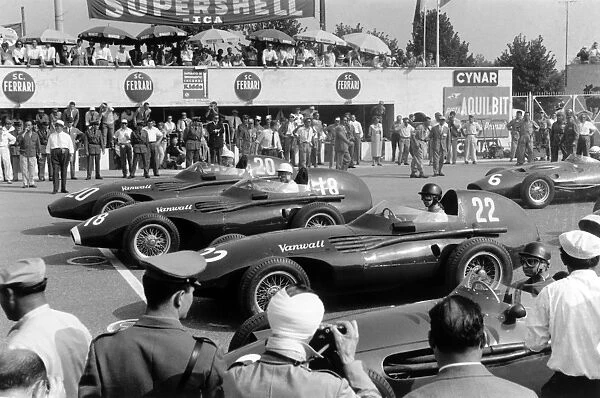 Monza, Italy. 6-8 September 1957: Stuart Lewis-Evans qualified on pole ahead of team mates Stirling Moss and Tony Brooks and Juan Manuel Fangio