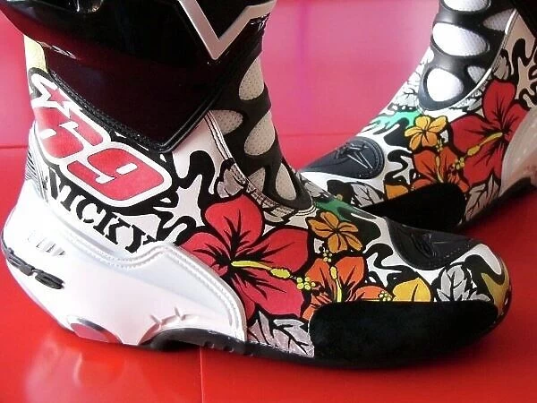 MotoGP. Alpinestars boots of Nicky Hayden (USA) painted by Jill Bradley (GBR)