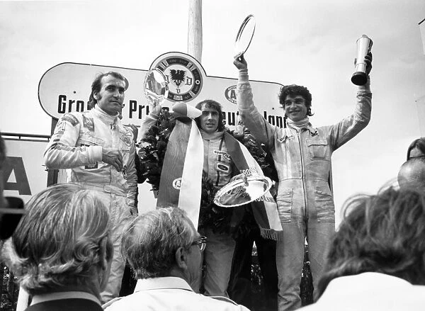 Nurburgring, Germany. 29th July - 1st August 1971: Jackie Stewart 1st position, Francois Cevert 2nd position and Clay Regazzoni 3rd position, podium