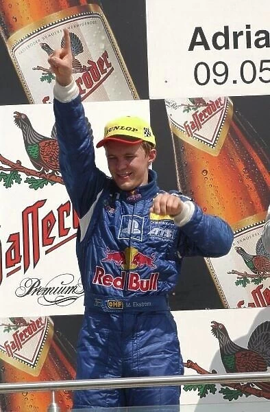 Podium, Mattias Ekstrm (SWE), PlayStation 2 Red Bull Abt-Audi, Portrait (2nd). DTM Championship, Rd 2, Adria International Raceway, Italy. 11 May 2003. DIGITAL IMAGE