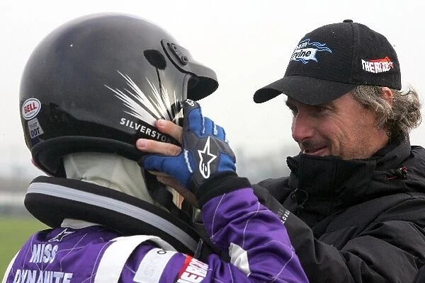 The Race Sky One Tv Show: Eddie Irvine adjusts the helmet of Miss Dynamite