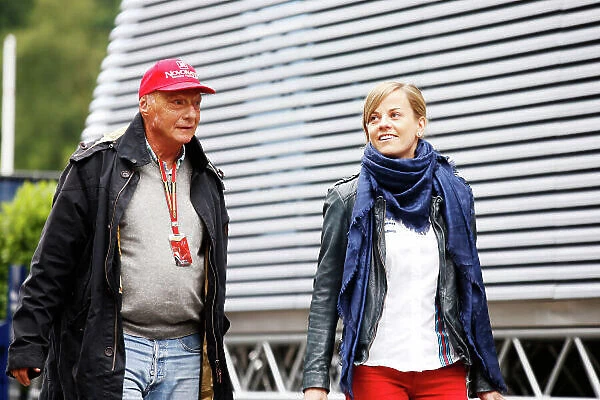 Red Bull Ring, Spielberg, Austria. Friday 20 June 2014. Niki Lauda, Non-Executive Chairman, Mercedes AMG, with Susie Wolff, Development Driver, Williams F1. World Copyright: Charles Coates / LAT Photographic. ref: Digital Image _J5R6906