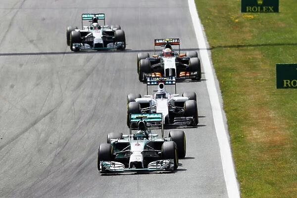 Red Bull Ring, Spielberg, Austria. Sunday 22 June 2014. Nico Rosberg, Mercedes F1 W05 Hybrid, leads Valterri Bottas, Williams FW36 Mercedes, Sergio Perez, Force India VJM07 Mercedes, and Lewis Hamilton