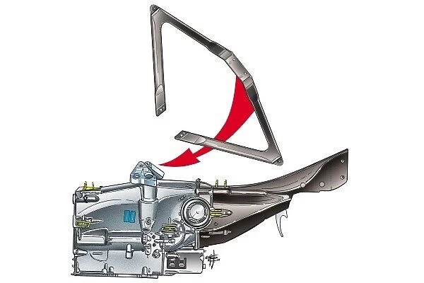 Renault R24 upper wishbone gearbox mount: MOTORSPORT IMAGES: Renault R24 upper wishbone gearbox mount