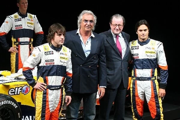 Renault R28 Launch: L-R: Fernando Alonso; Flavio Briatore Renault F1 Team Principal; Michel Tilmant, Chairman Executive Board of ING Group