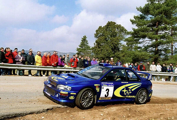 Richard Burns cuts a corner in his Subaru Impreza WRC2000 at the Pre event shakedown for the Catalunya Rally 2000. Photo: McKlein / LAT