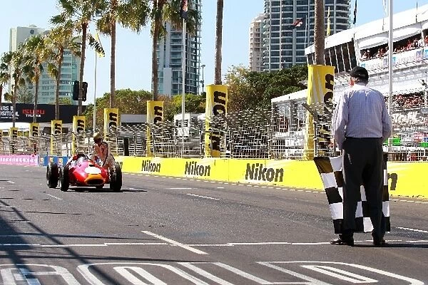 Sir Jack Brabham (AUS) and his Grandson Matthew Brabham (AUS) re-enact Sir Jacks famous championship winning push over the finish line. It was the 50th celebration of the
