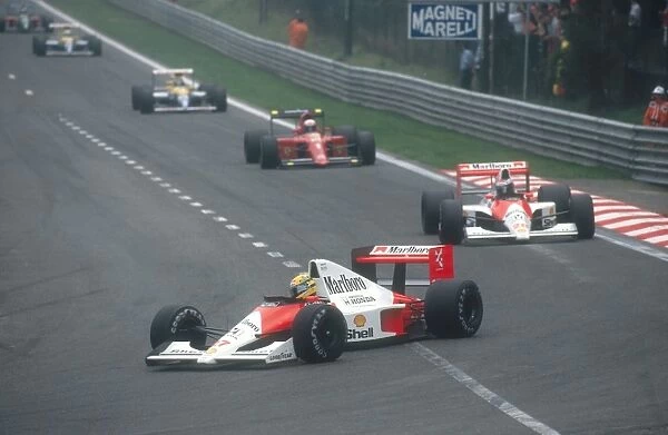 Spa-Francorchamps, Belgium: Ayrton Senna leads teammate Gerhard Berger, Alain Prost, Thierry Boutsen, Riccardo Patrese and Alessandro Nannini