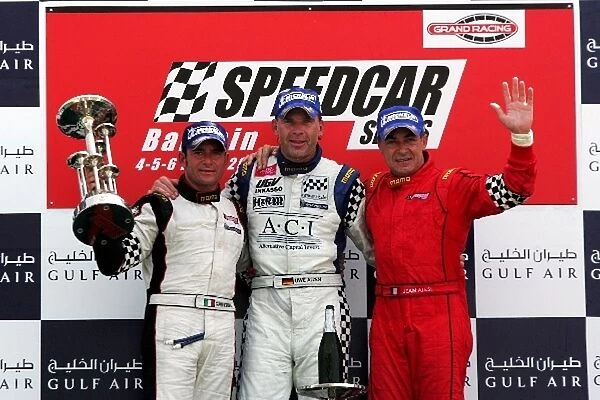 Speedcar Series: The podium: Gianni Morbidelli, second; Uwe Alzen, race winner; Jean Alesi, third