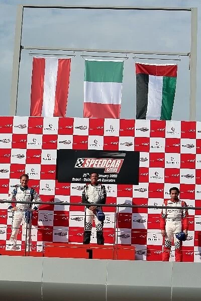 Speedcar Series: Podium: Second placed Mathias Lauda, Race winner Gianni Morbidelli oand third placed Sheikh Hasher Al Maktoum