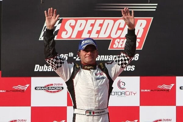 Speedcar Series: Race winner Gianni Morbidelli celebrates on the podium