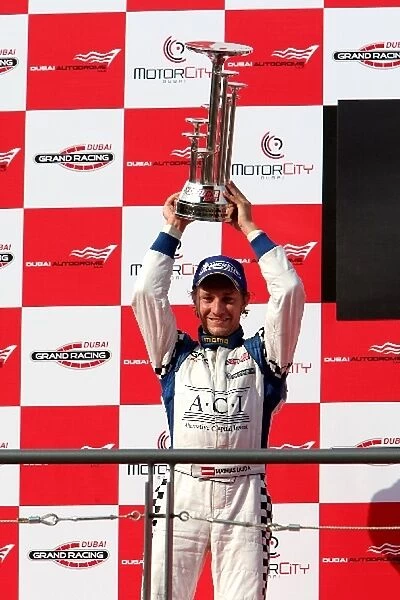 Speedcar Series: Second placed Mathias Lauda celebrates on the podium