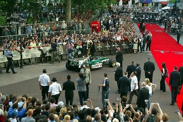 Terminator 3 Premiere: Mark Webber drives the T3 liveried Jaguar R4 into Leicester Square for the premiere of the new movie, Terminator 3 - Rise