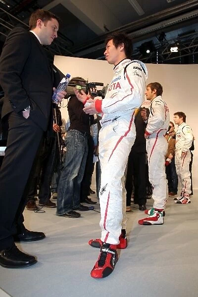 Toyota TF108 Launch: Kamui Kobayashi Toyota is interviewed by the media