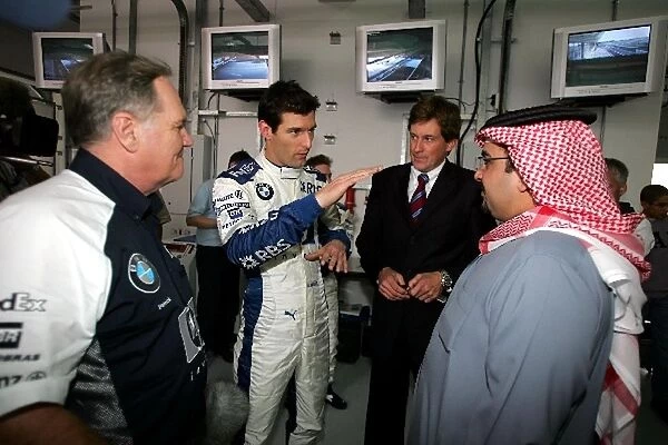 Williams Livery Launch: Williams Technical Director Patrick Head, left and centre Mark Webber Williams BMW talks to His Highness the Crown Prince
