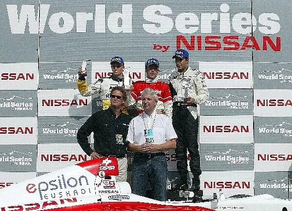 World Series By Nissan: Round 13 podium finishers: Heikki Kovalainen Pons Racing 2nd, race winner Felix Porteiro Epsilon Euskadi and Enrique