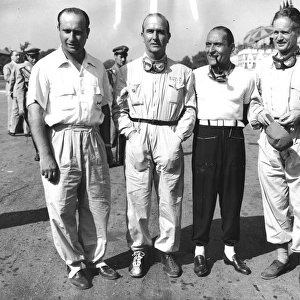 1950 Italian Grand Prix: The Alfa Romeo team before the start. Juan Manuel Fangio, Giuseppe Farina, Felice Bonetto and Emmanuel de Graffenried