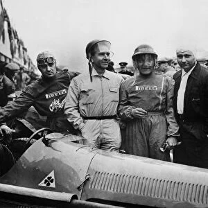 1951 BRDC International Trophy: L to R: Consalvo Sanesi, Guiseppe Farina, Felice Bonetto, Juan Manuel Fangio, and Alfa team boss Guidotti, portrait