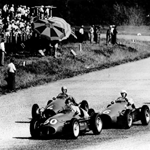 1953 Italian Grand Prix: Juan Manuel Fangio leads Giuseppe Farina, Alberto Ascari and Onofre Marimon during their battle for the lead. Fangio
