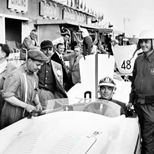 1953 Le Mans 24 hours. Le Mans, France. 13-14 June 1953. Fred Wacker jr (in car) and Phil Hill pose by the OSCA MT4 entered by Rees T. Makins. Makins was also reserve driver, portrait. World Copyright: LAT Photographic Ref: Autosport b&w print