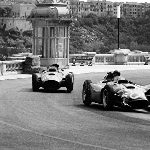 1956 Monaco Grand Prix: Eugenio Castellotti / Juan Manuel Fangio, Lancia-Ferrari D50, 4th position, leads Peter Collins / Juan Manuel Fangio, Lancia-Ferrari D50