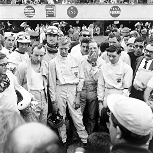 1962 Italian Grand Prix: L to R: Masten Gregory, Roy Salvadori, John Surtees, Carel De Beaufort, Tony Maggs, Innes Ireland, Jim Clark and Graham