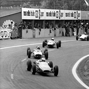 1965 Formula Three Championship. Charade, Clermont-Ferrand, France. 25-27 June 1965. Bianchi leads Stiller, Irwin and Hitchcock catching up after a spin, action. World Copyright - LAT Photographic. Ref: B/W Print