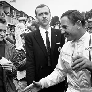 1968 Belgian Grand Prix. Spa-Francorchamps, Belgium. 9 June 1968. Bruce McLaren, McLaren M7A-Ford, 1st position, celebrates, portrait. World Copyright: LAT Photographic Ref: Autocar b&w print