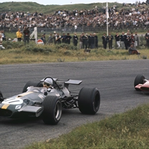 1969 Dutch Grand Prix: Jack Brabham, Brabham BT26A Ford, leads Chris Amon, Ferrari 312