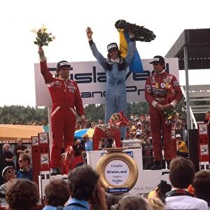 1977 Swedish Grand Prix: Jacques Laffite 1st position, Jochen Mass 2nd position and Carlos Reutemann 3rd position on the podium