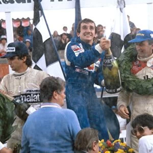 1981 French Grand Prix: Alain Prost 1st position, John Watson 2nd position and Nelson Piquet 3rd position on the podium